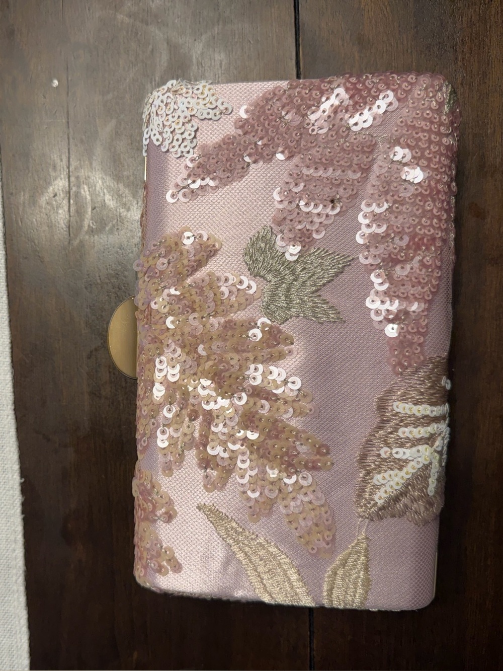 Pink Floral Sequin Embroidered Evening Clutch